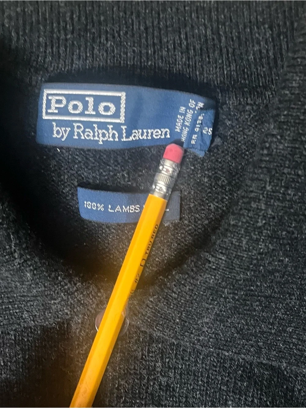 Vintage 90s Polo by Ralph Lauren Charcoal Lambswool Polo Sweater w/ Purple Pony